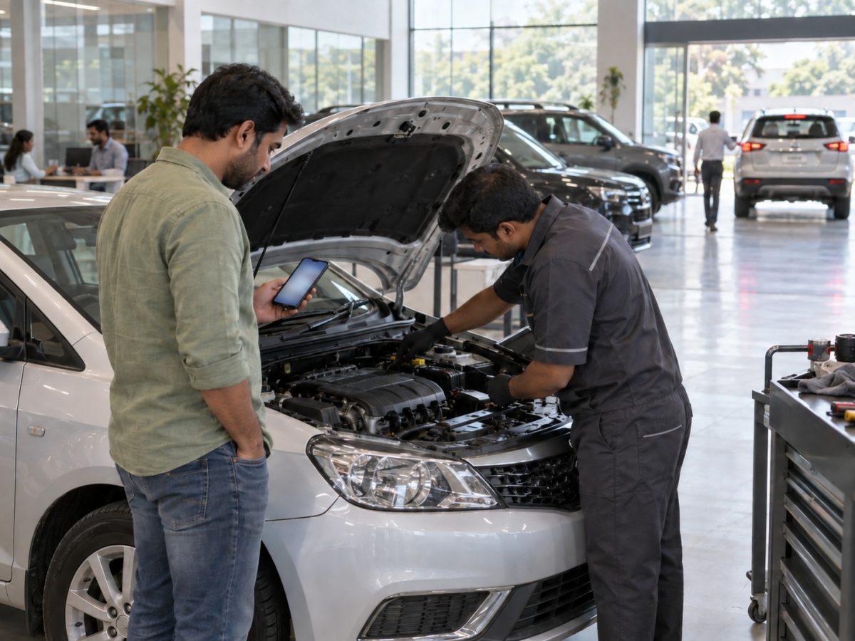 Editorial illustration of a used-car inspection representing the Landmark Cars OLX partnership workflow