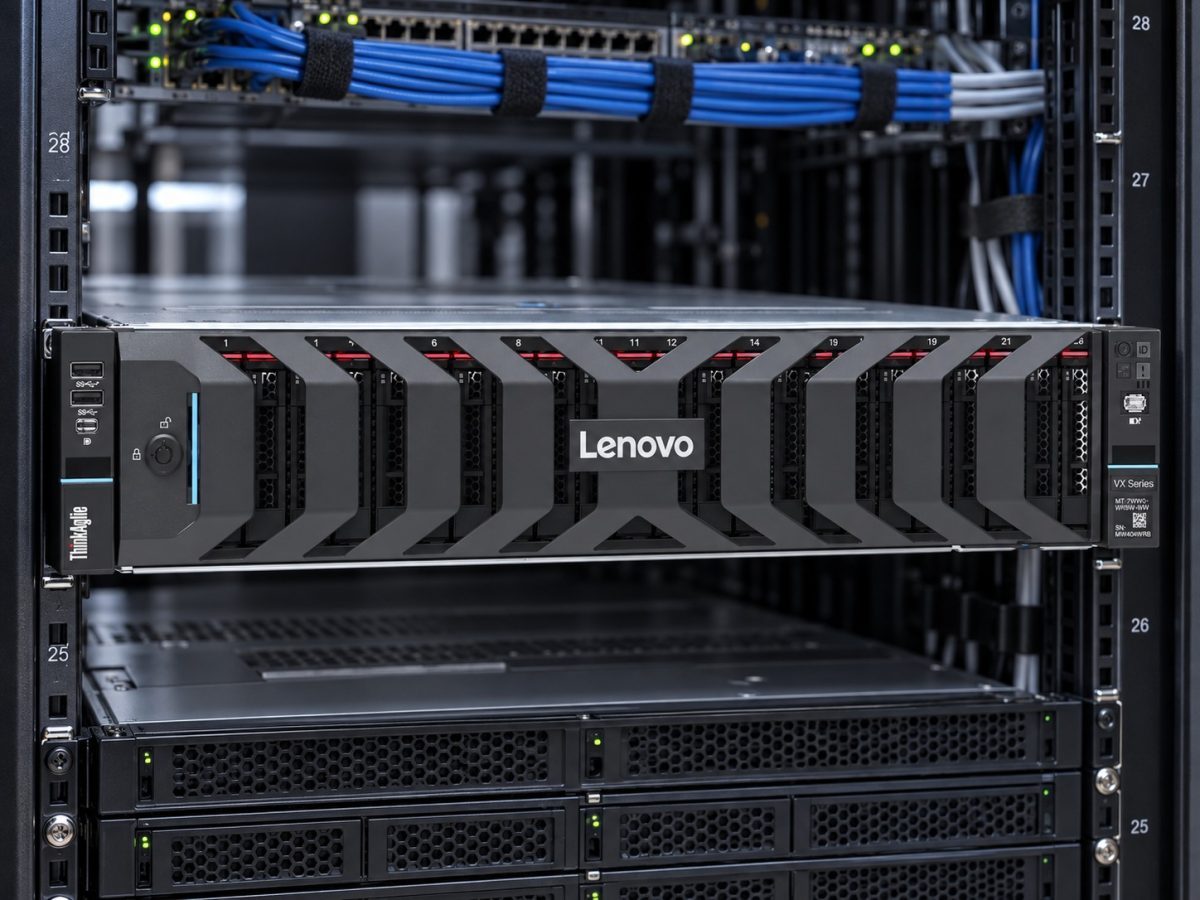 Lenovo ThinkAgile VX850 V4 editorial composition showing the official ThinkAgile VX Series server installed in an enterprise rack.
