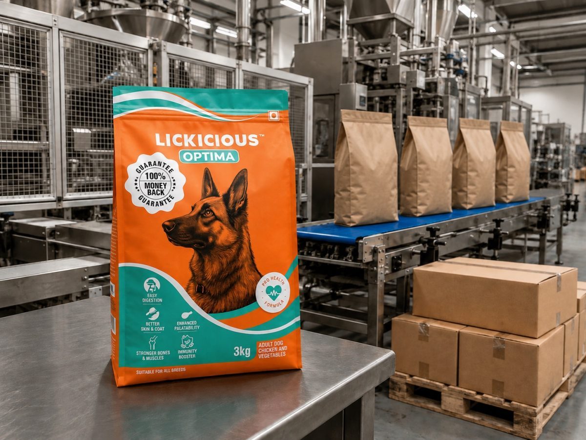 Generated editorial illustration using the exact official Lickicious Optima pack in a generic food-safe production and dispatch scene representing funded manufacturing growth.
