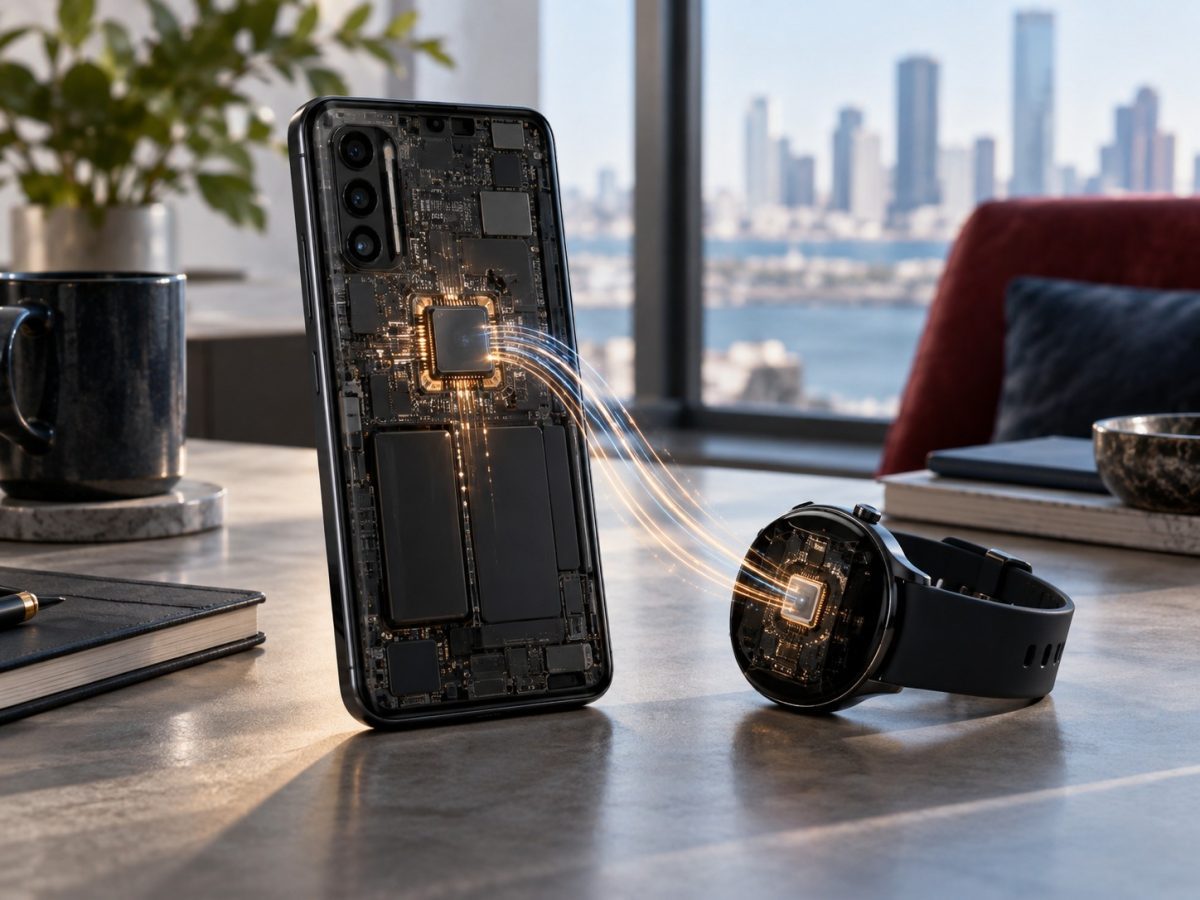Editorial illustration of Liquid Context processing personal context locally between a smartphone and smartwatch