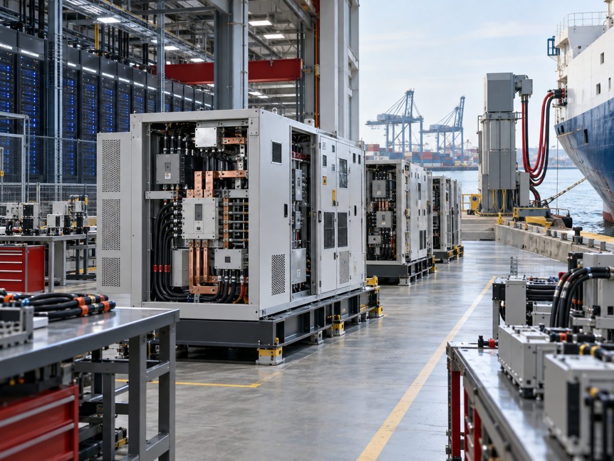 Marine Electricals Goa plant represented by power distribution units serving a data centre and port in an editorial illustration