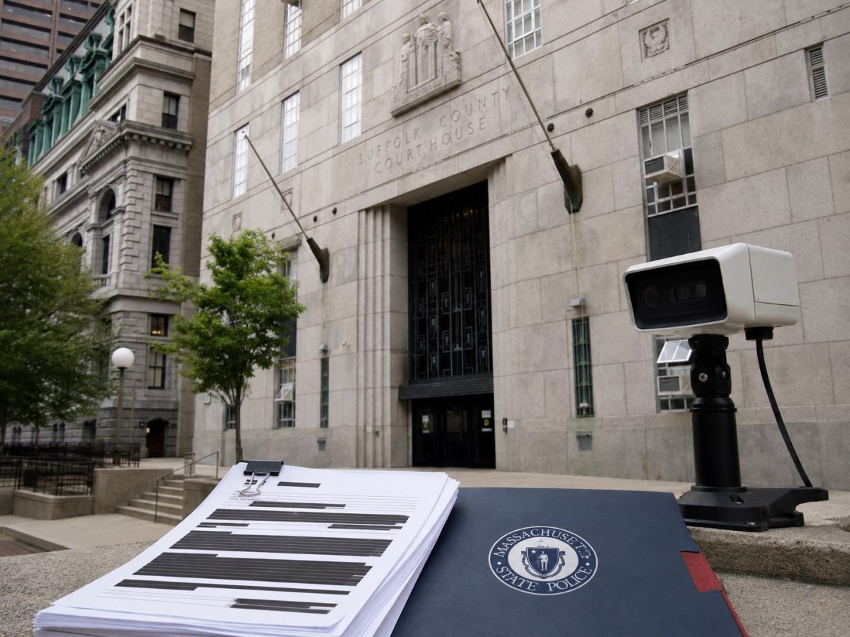 Suffolk County Courthouse with an automatic plate-reader camera and redacted Massachusetts State Police audit records