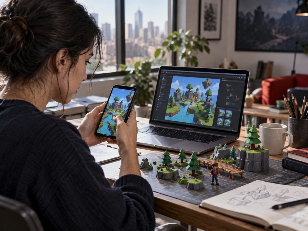 Editorial illustration of a creator using Meta Horizon Create on a phone beside a browser game workspace