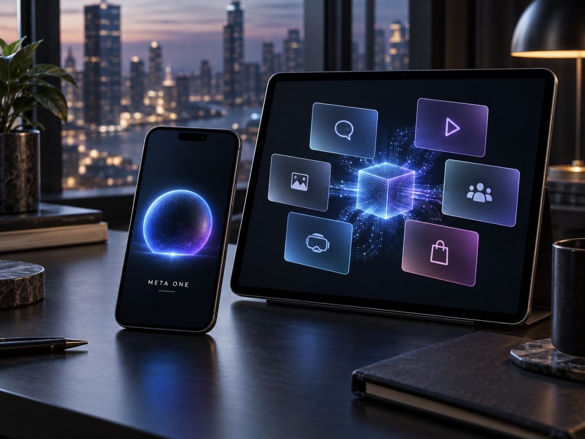 Meta One subscriptions shown as a cross-device AI membership illustration
