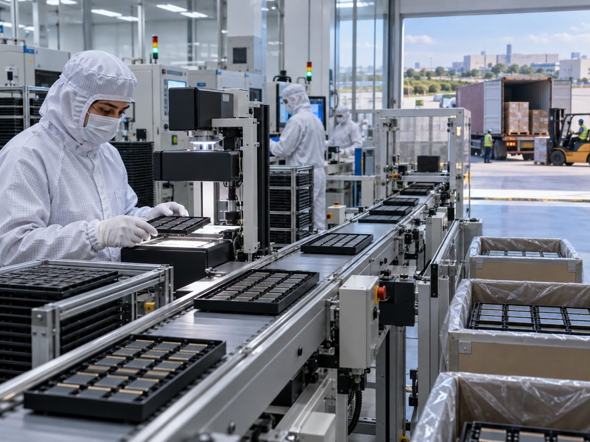 Micron Sanand shipments editorial illustration showing generic memory packages moving from cleanroom testing to export logistics.