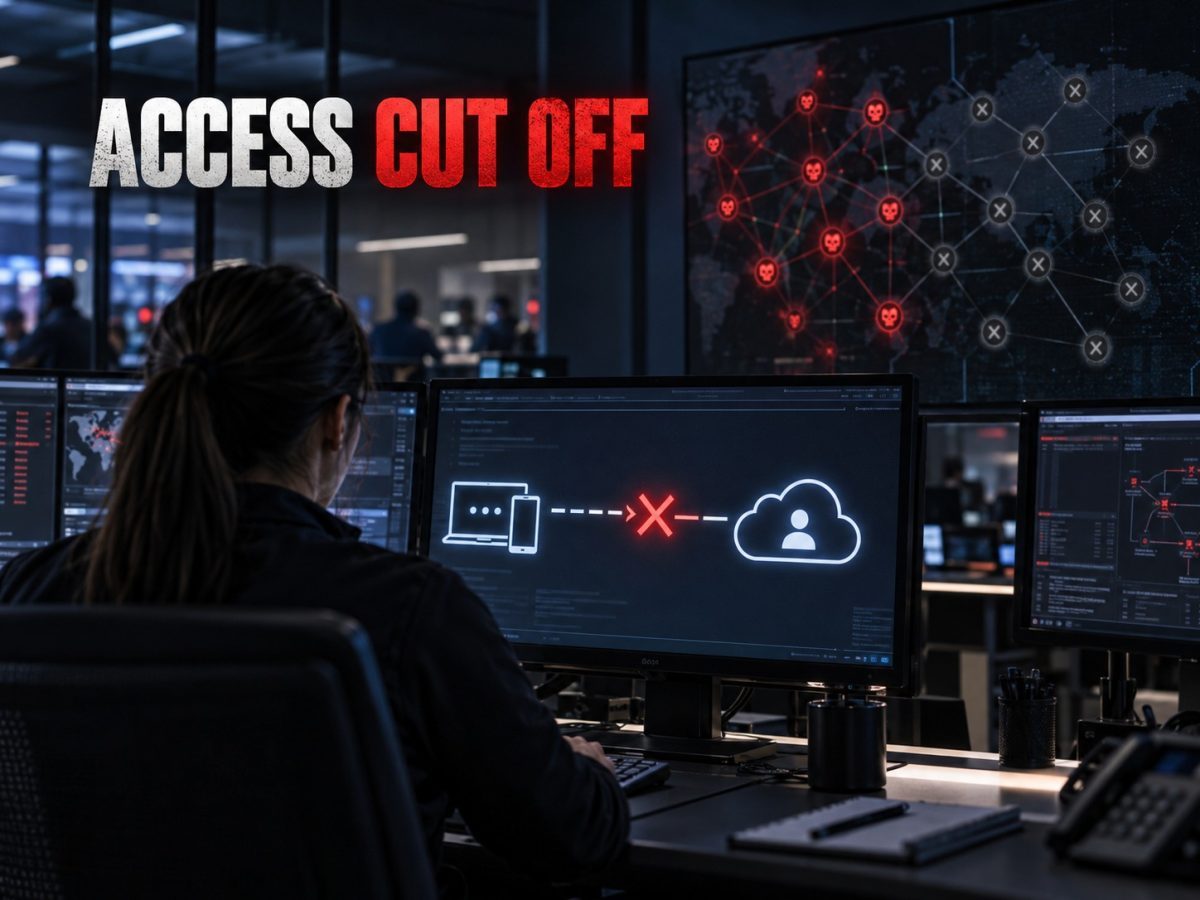 Editorial illustration of a security analyst cutting off a malicious authentication path after the Microsoft EvilTokens disruption.