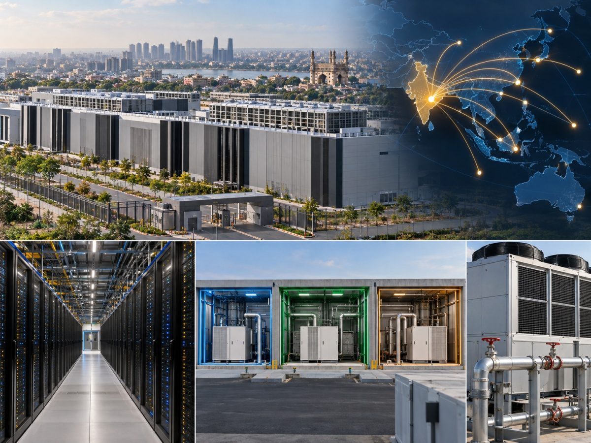 Microsoft India cloud region editorial illustration showing a Hyderabad datacenter, three zones and dry cooling