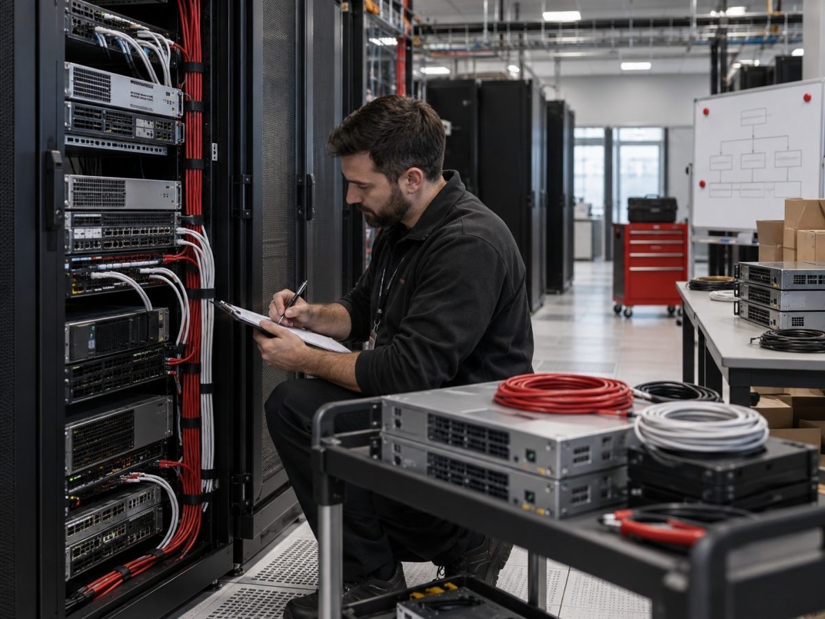 Editorial illustration of a network engineer documenting an orderly server-deployment migration in a data centre
