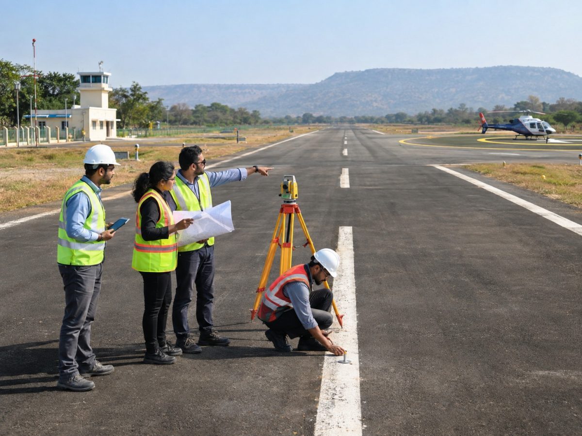 Modified UDAN Challenge Mode represented by engineers surveying a regional Indian runway with a helipad and small terminal.