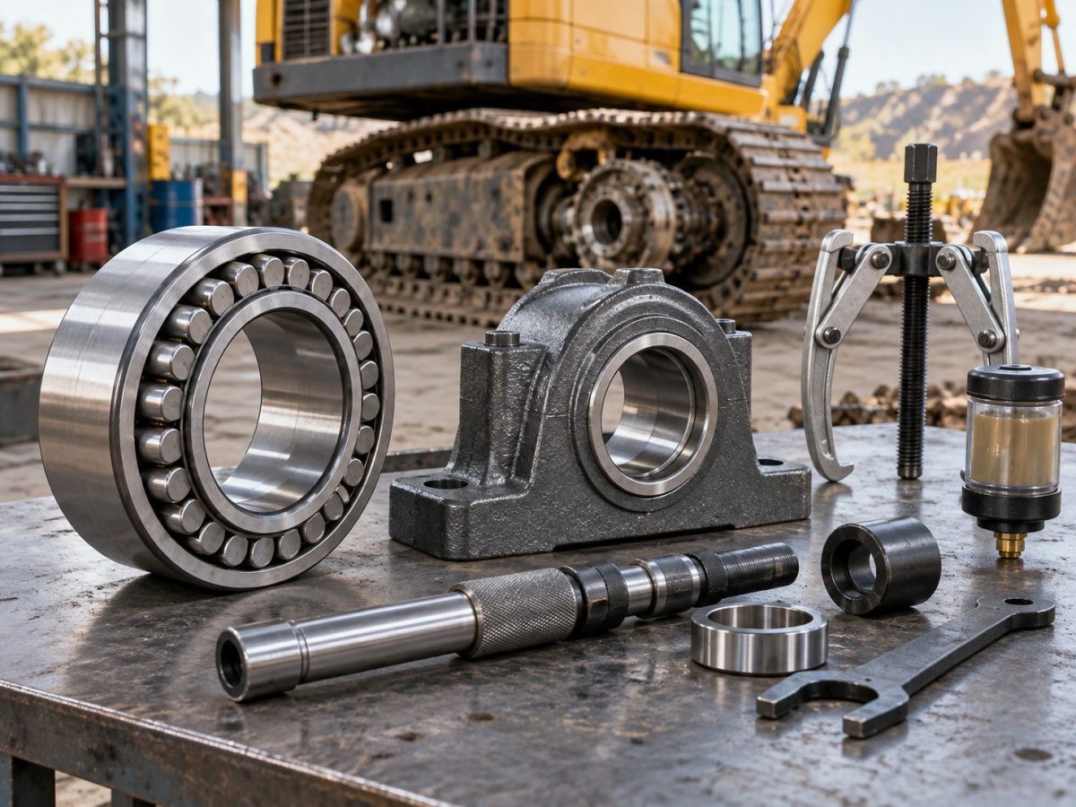 NBC Bearings product range editorial illustration showing generic heavy-equipment bearings, housing and maintenance tools