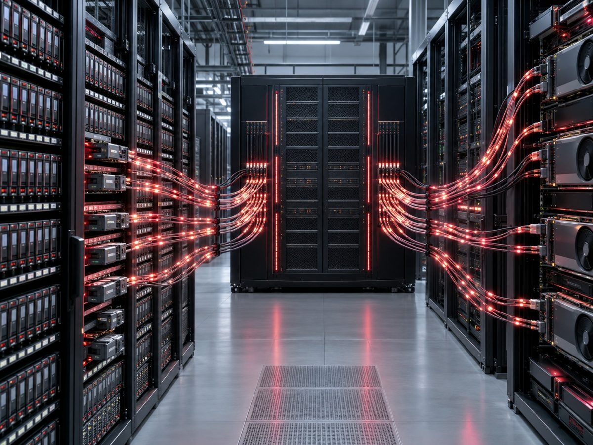 Editorial illustration of parallel fibre paths connecting enterprise storage racks to a central AI data system