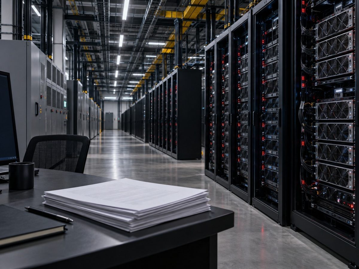 Nscale IPO editorial illustration showing filing papers beside a capital-intensive AI data-centre hall.
