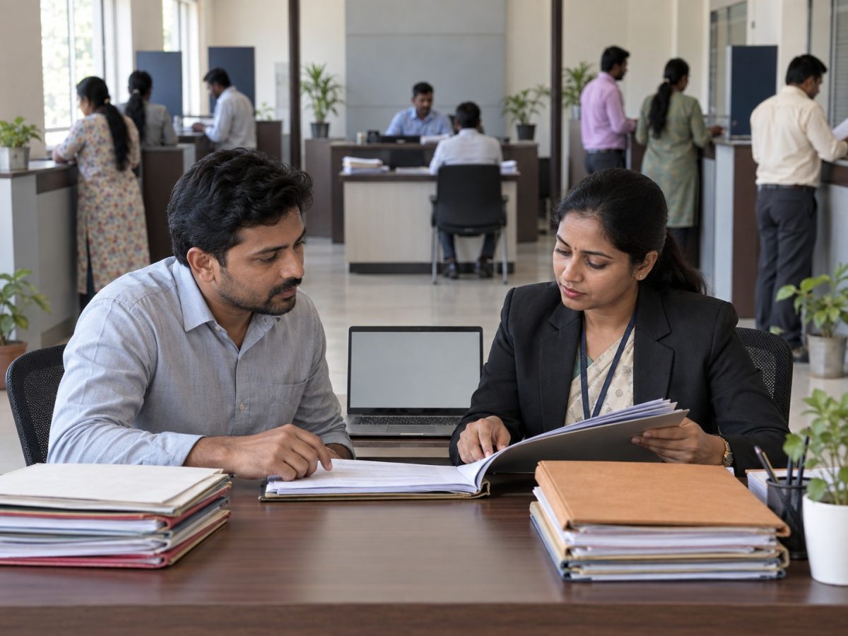 Editorial view of an Indian business owner and compliance adviser consolidating permit files at a central service desk.