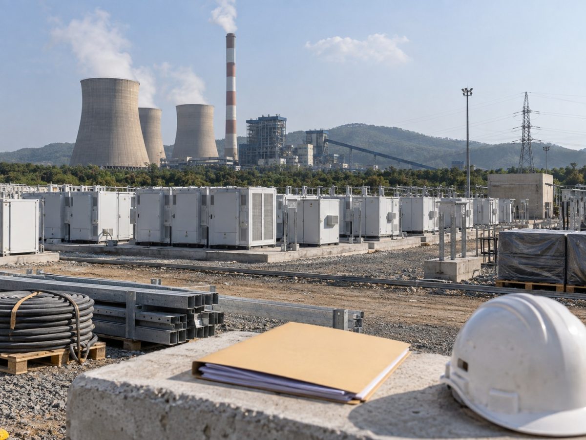 NTPC editorial illustration showing a paused grid-scale battery storage construction site beside a thermal power station.