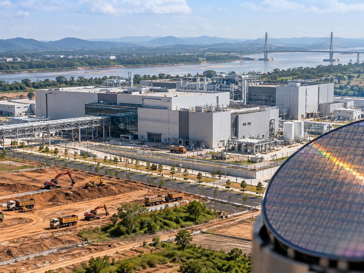 Editorial illustration of the planned Odisha Silicon Valley semiconductor campus taking shape near a river corridor.
