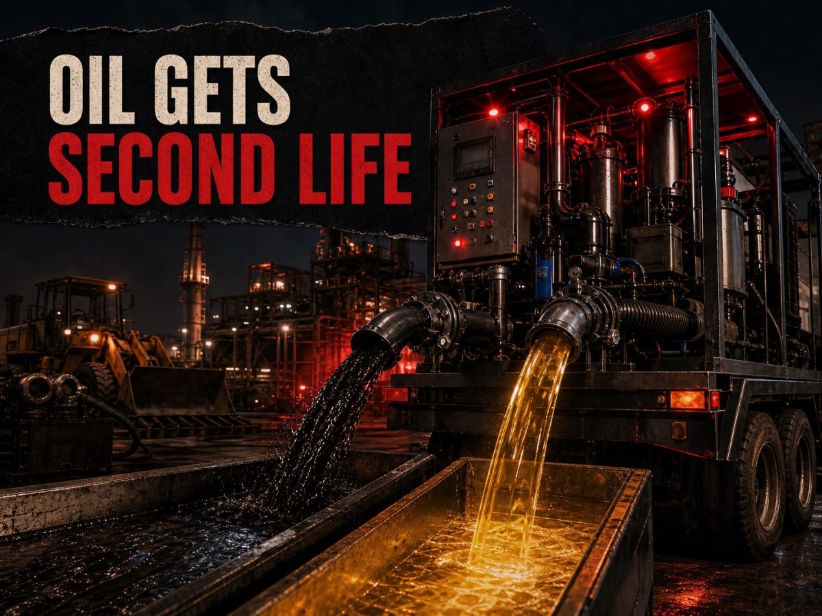 Mobile industrial oil recycling unit cleaning used lubricant into reusable oil