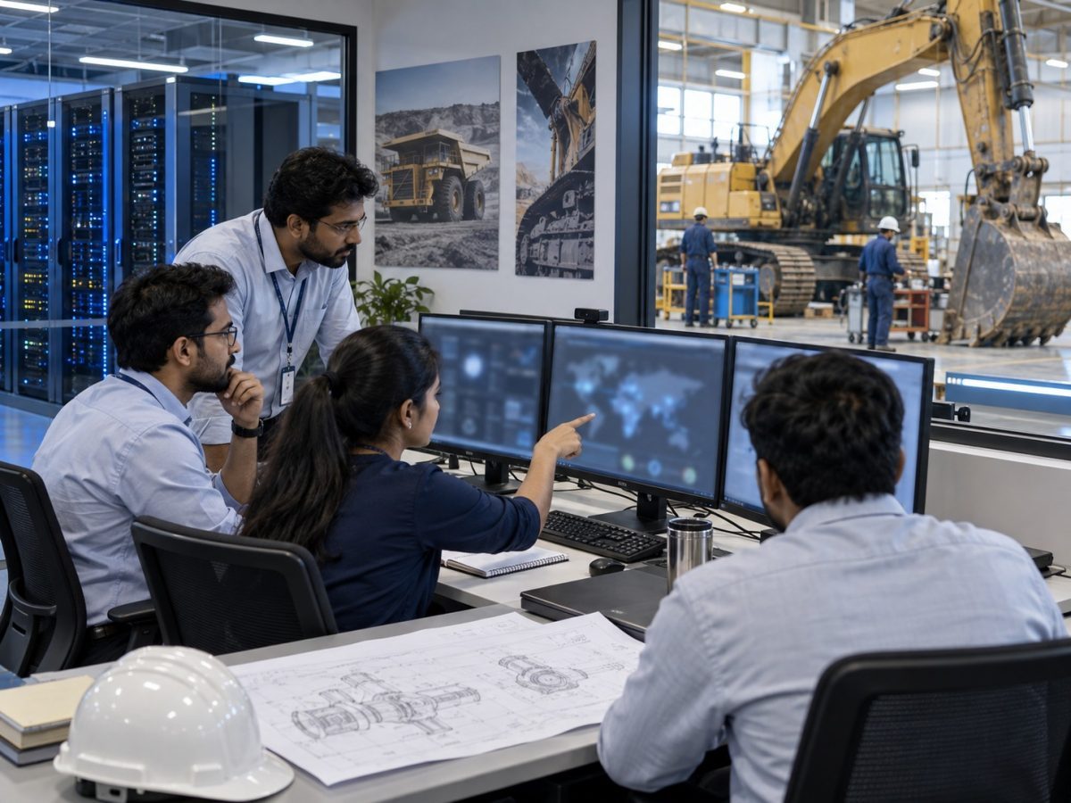 Onward Technologies editorial illustration of an Indian digital engineering team supporting heavy equipment operations.