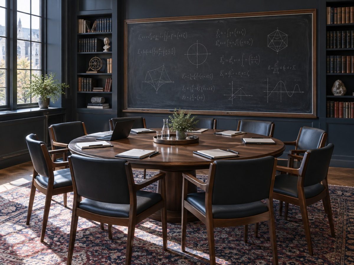 OpenAI math advisory group editorial illustration of an empty nine-seat mathematics review room and chalkboard.