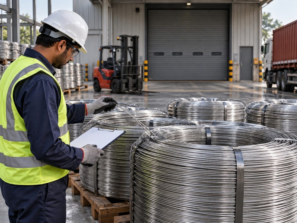 Panchmahal Steel tender milestone illustrated by an engineer inspecting stainless-steel wire coils in a dispatch area.