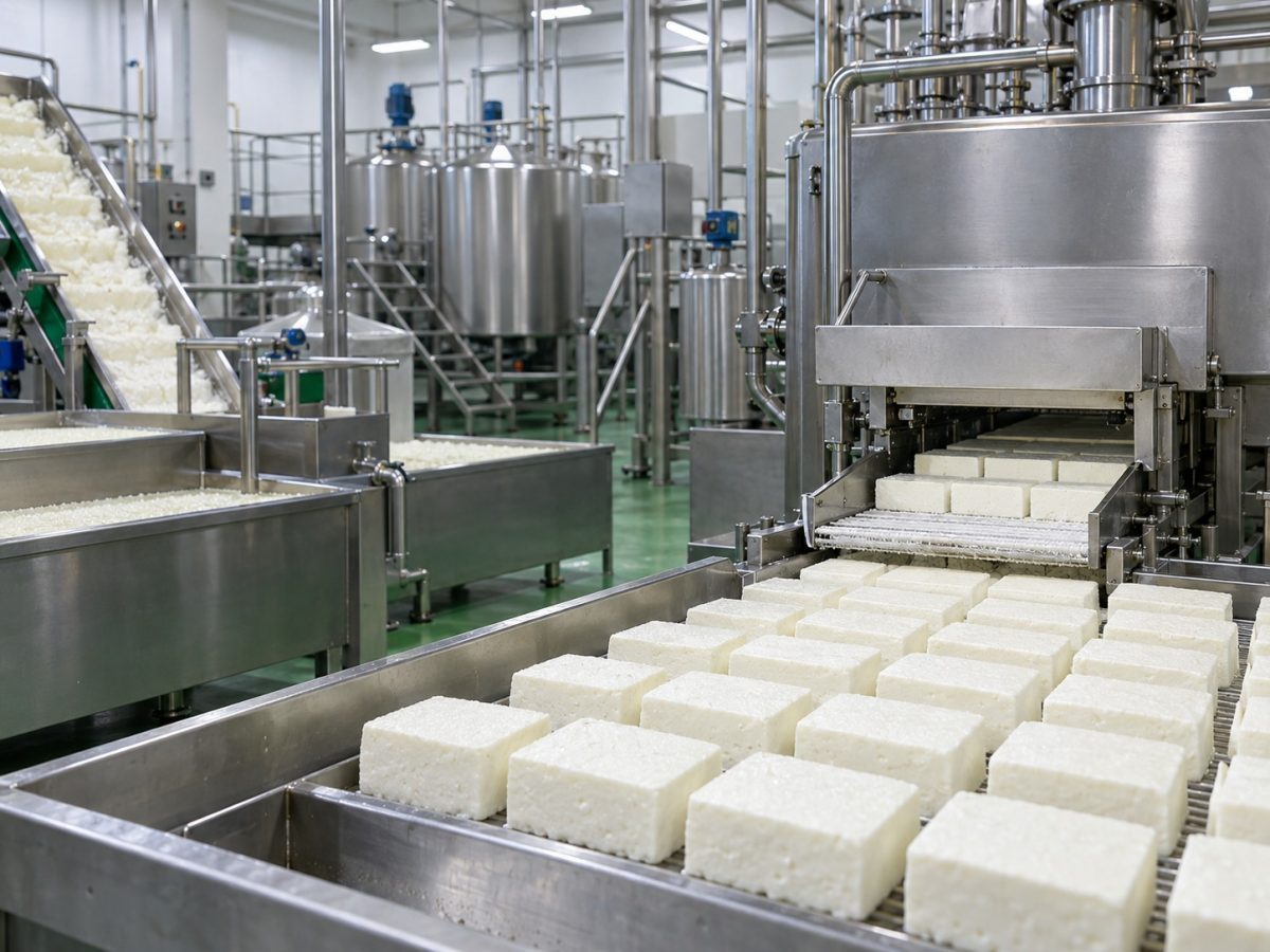 Parag paneer capacity expansion represented by an industrial production line making fresh paneer blocks.