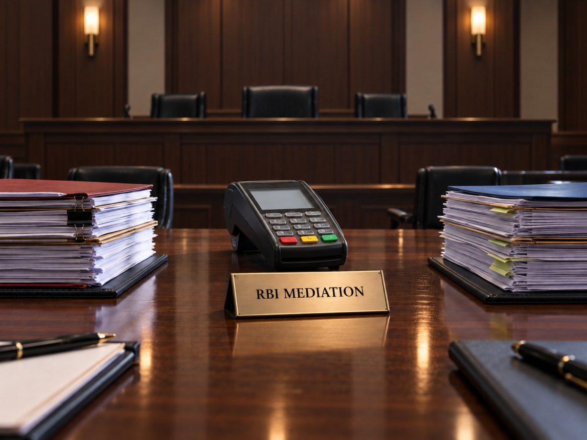 PayU dispute editorial illustration showing a generic payment terminal between case files under an RBI MEDIATION placard.