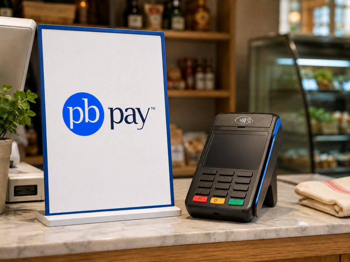PB Pay logo beside a merchant payment terminal in a realistic retail editorial illustration