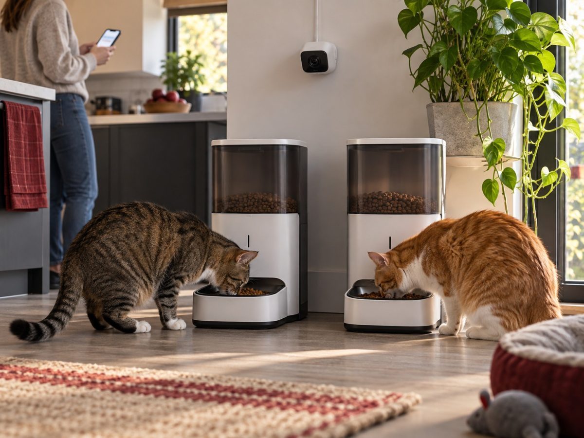 Petlibro Granary 2 illustrated by two cats using unbranded smart feeders with calm household monitoring cues.