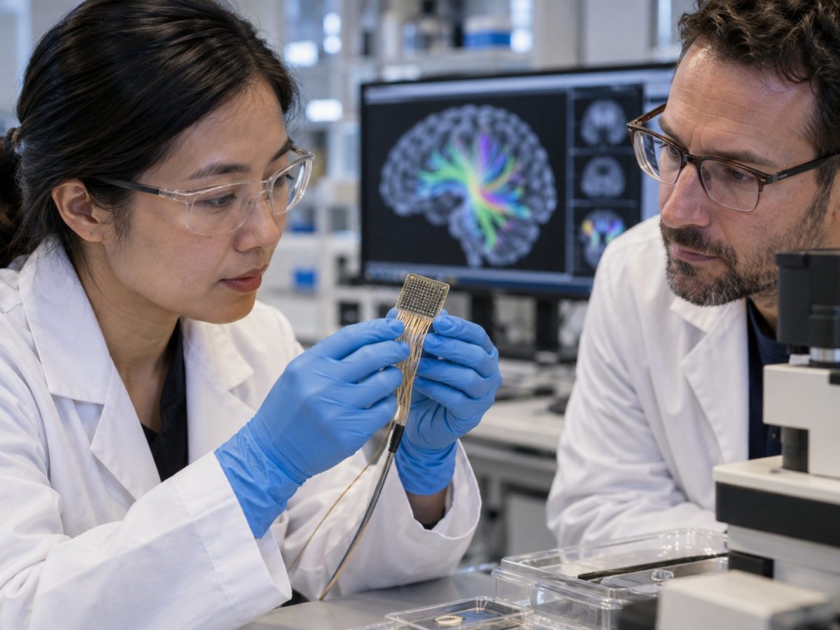 Researchers inspecting an electrode array after Phosphoenix funding for neuroprosthetic study preparation.