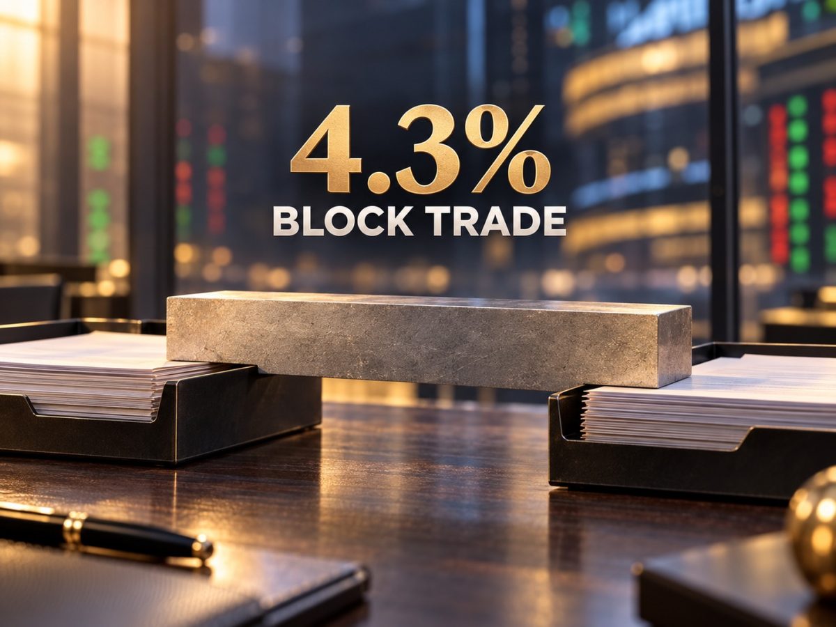 Abstract editorial illustration of the Pine Labs block trade moving a 4.3% stake between anonymous institutional trays