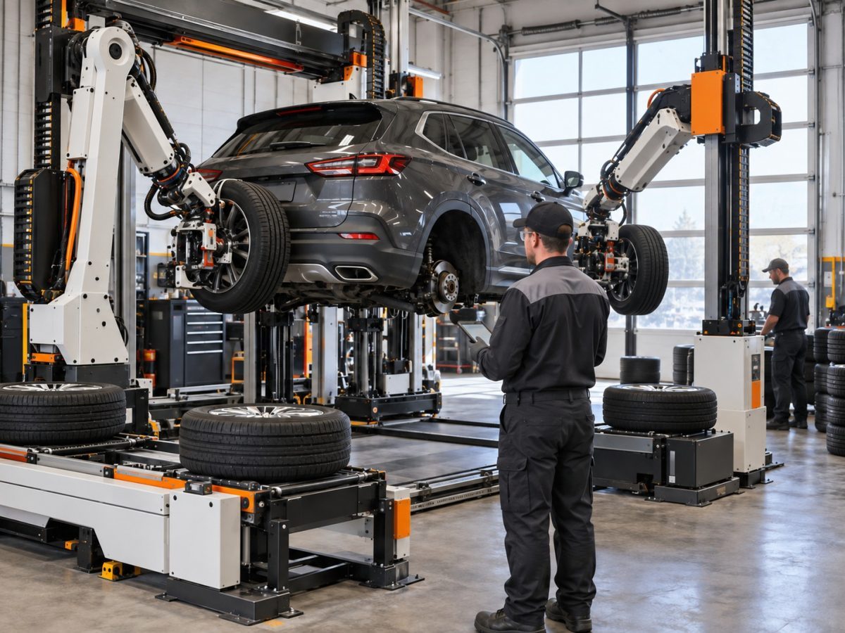 Editorial illustration of technicians supervising an automated tire-changing system in a working service bay.