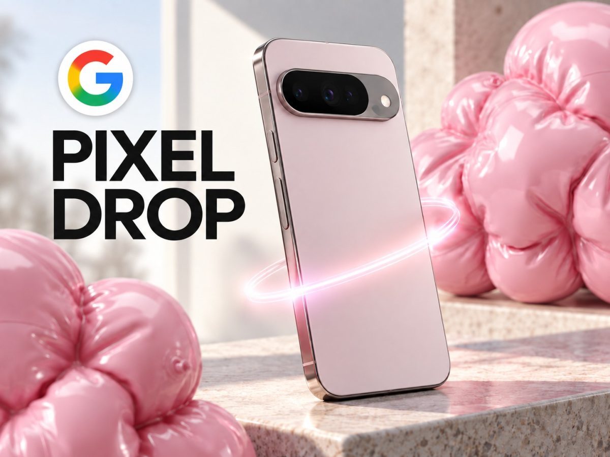 Pixel Drop editorial illustration with a Pixel-family phone, exact Google identity and update light.