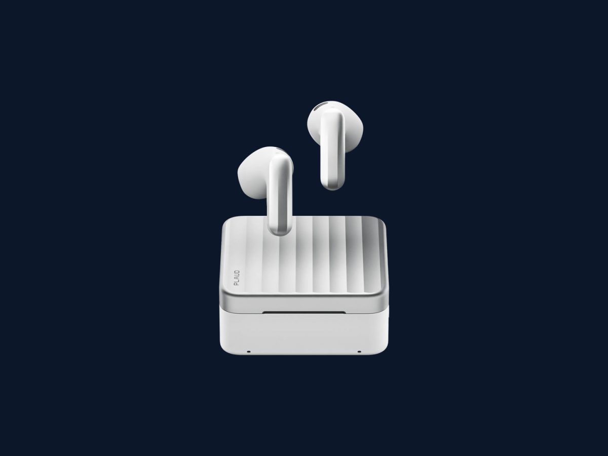 Plaud One earbuds and connected speaker case in an editorial product composite