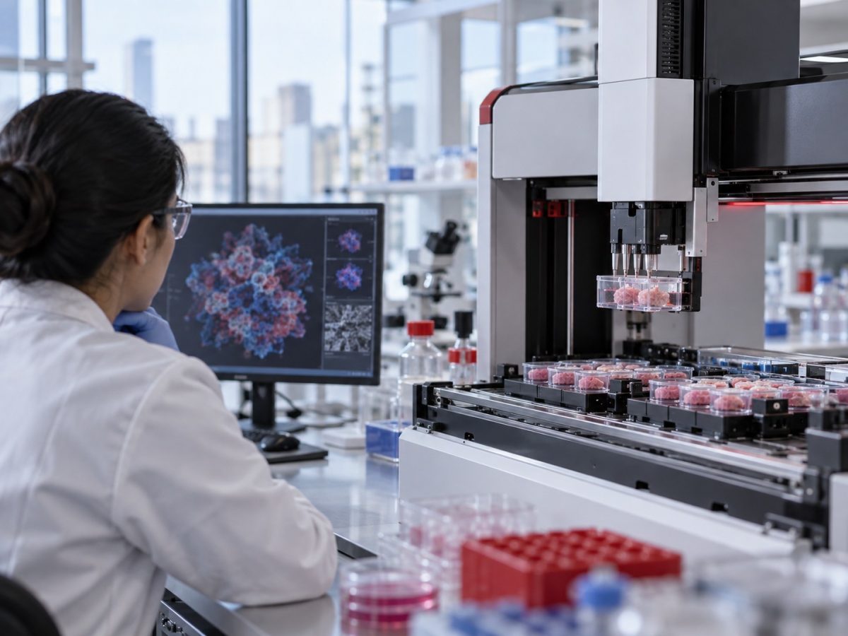 Editorial illustration of an automated laboratory instrument testing cultured tissue samples under researcher supervision.