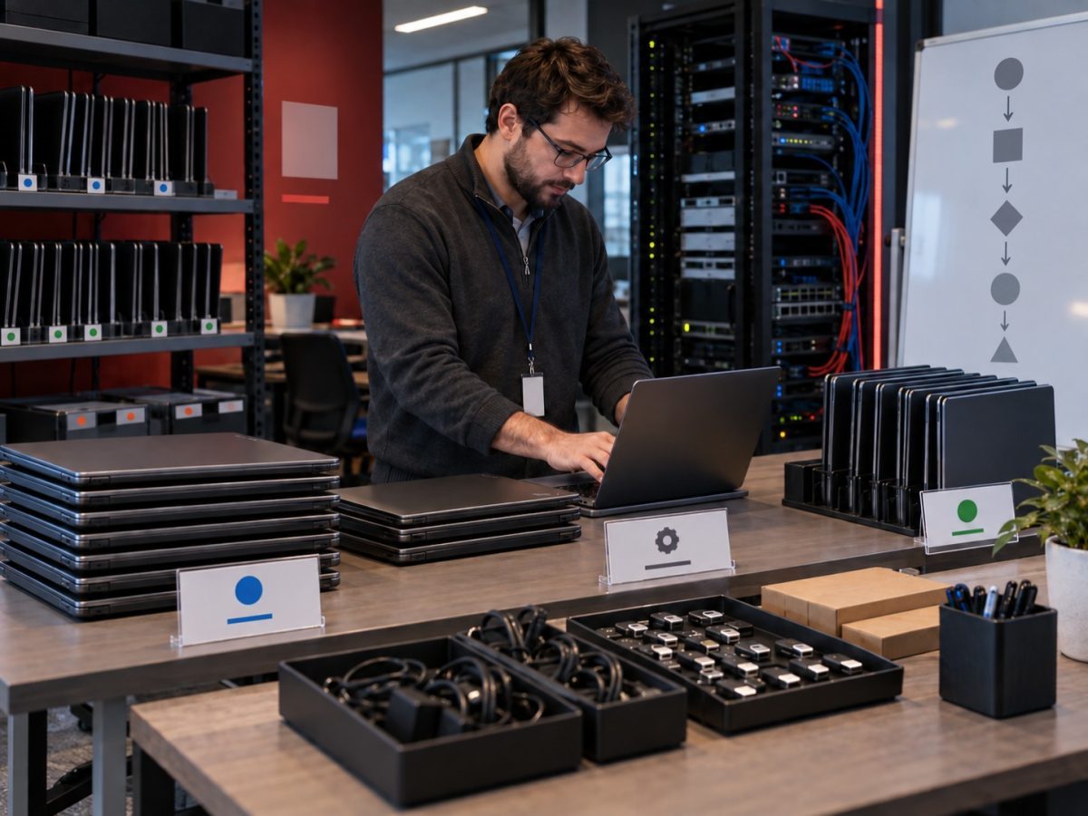 Generated editorial illustration of an IT specialist staging laptops through a symbol-based workflow, representing Primo funding and governed AI agents.