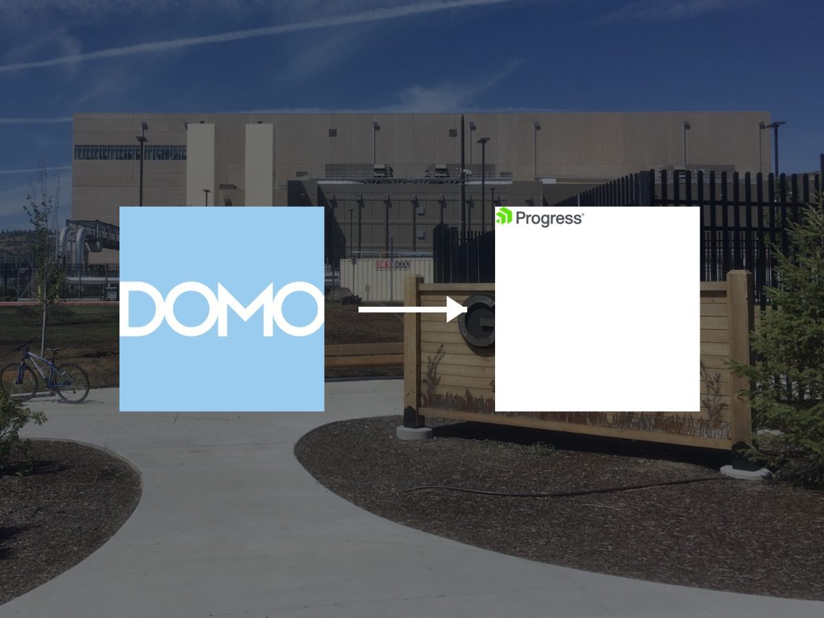 Progress Domo acquisition editorial composite using verified company logos and a licensed data-centre photograph