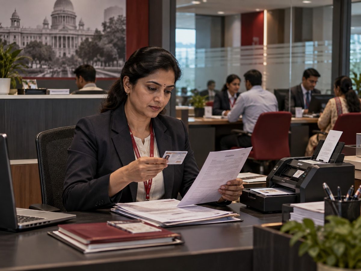 Editorial illustration of a bank compliance officer reviewing identity documents as the Protean KYC workflow reduces repeated onboarding.