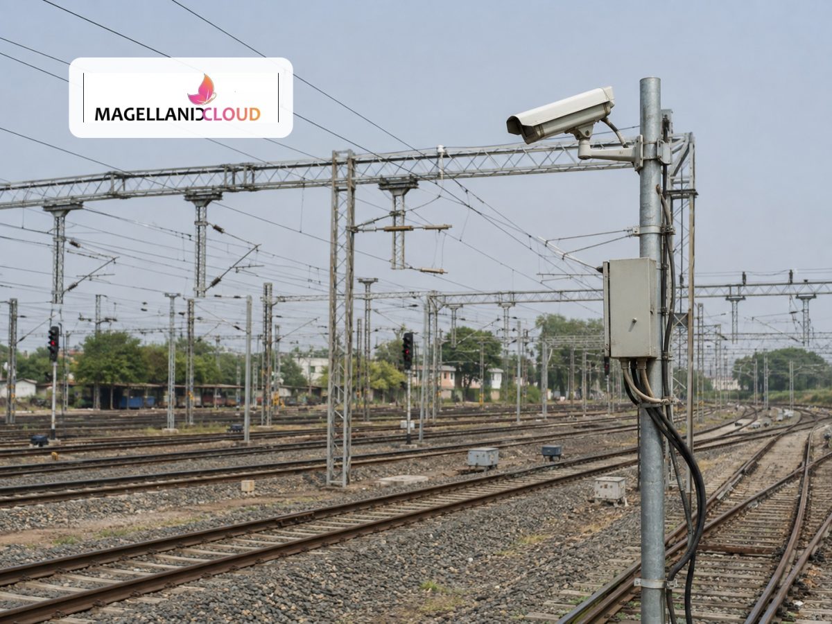 Official Magellanic Cloud identity beside an editorial illustration of rail-yard CCTV for Provigil's Western Railway contract.