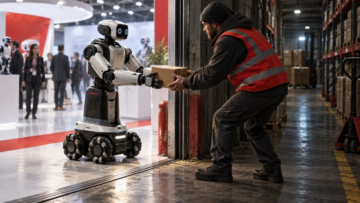 AI-generated editorial illustration of a mobile two-arm humanoid robot moving from an expo booth to a warehouse, illustrating the PUDU D7 deployment test