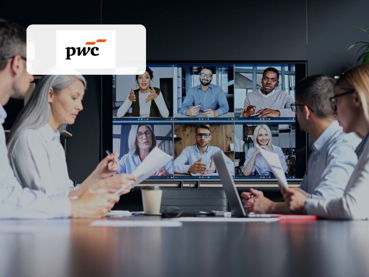 PwC logo over a representative global video meeting illustrating the PwC India joint venture, an editorial composite