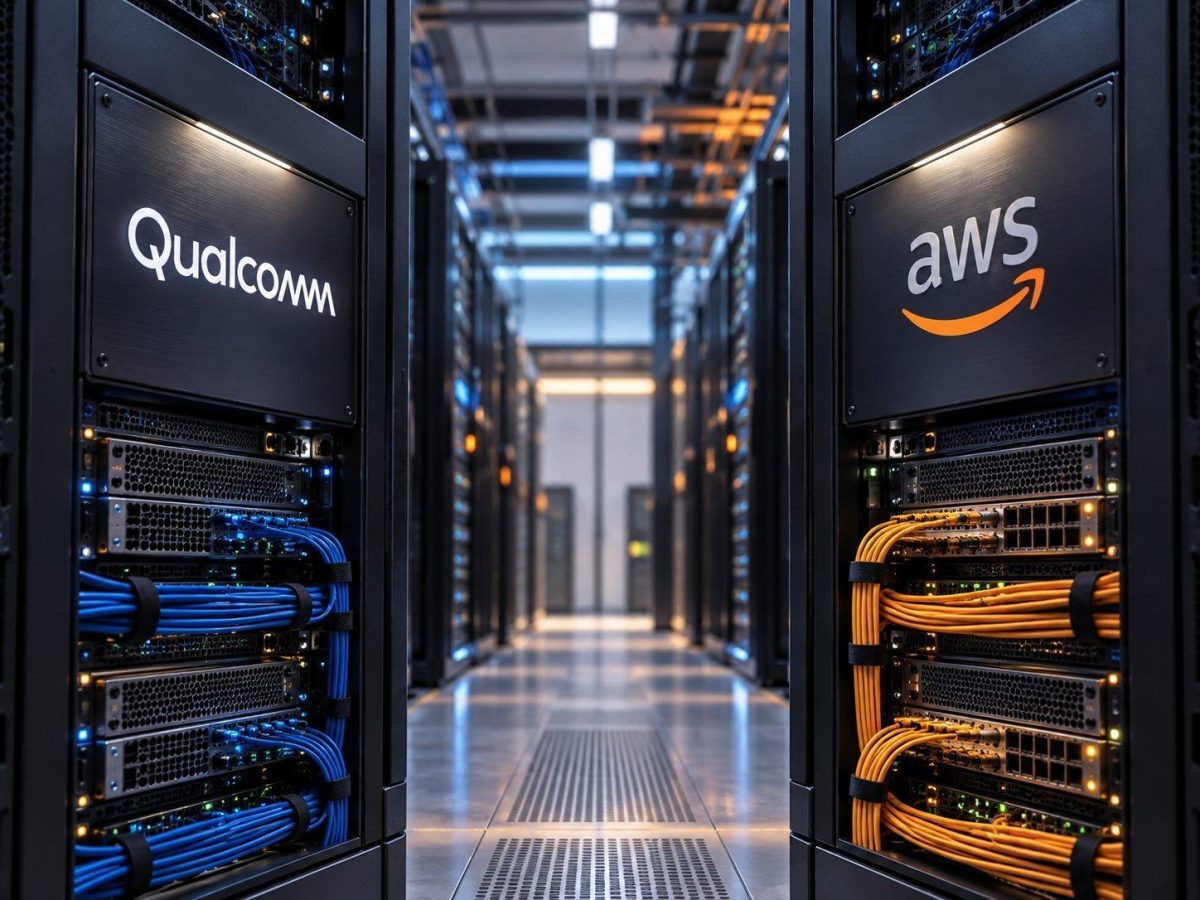 Qualcomm and Amazon editorial illustration showing exact company identities on linked AI data-centre infrastructure