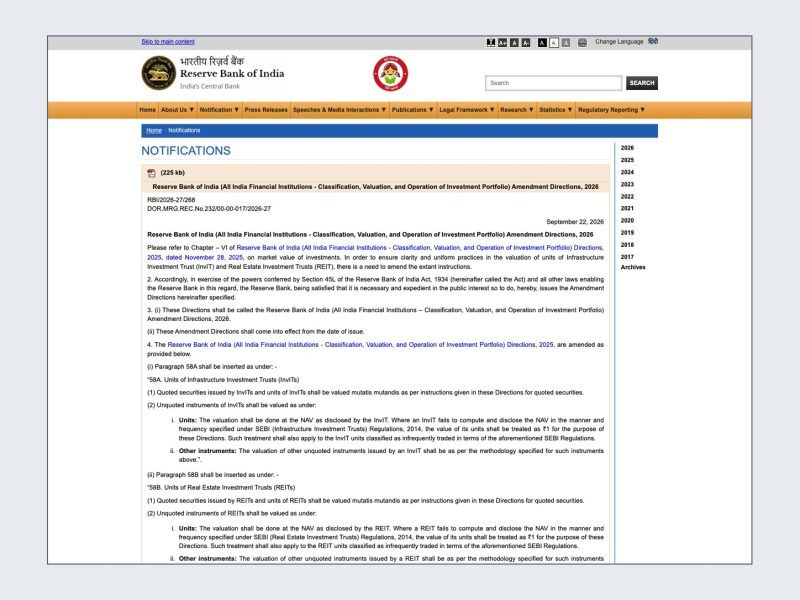 RBI InvIT REIT Valuation Rules for AIFIs