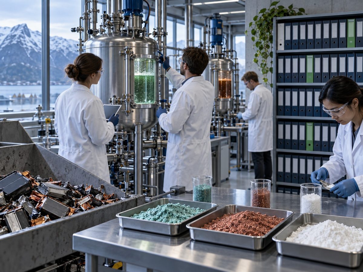Generated editorial illustration of engineers operating a battery-material recovery pilot laboratory.