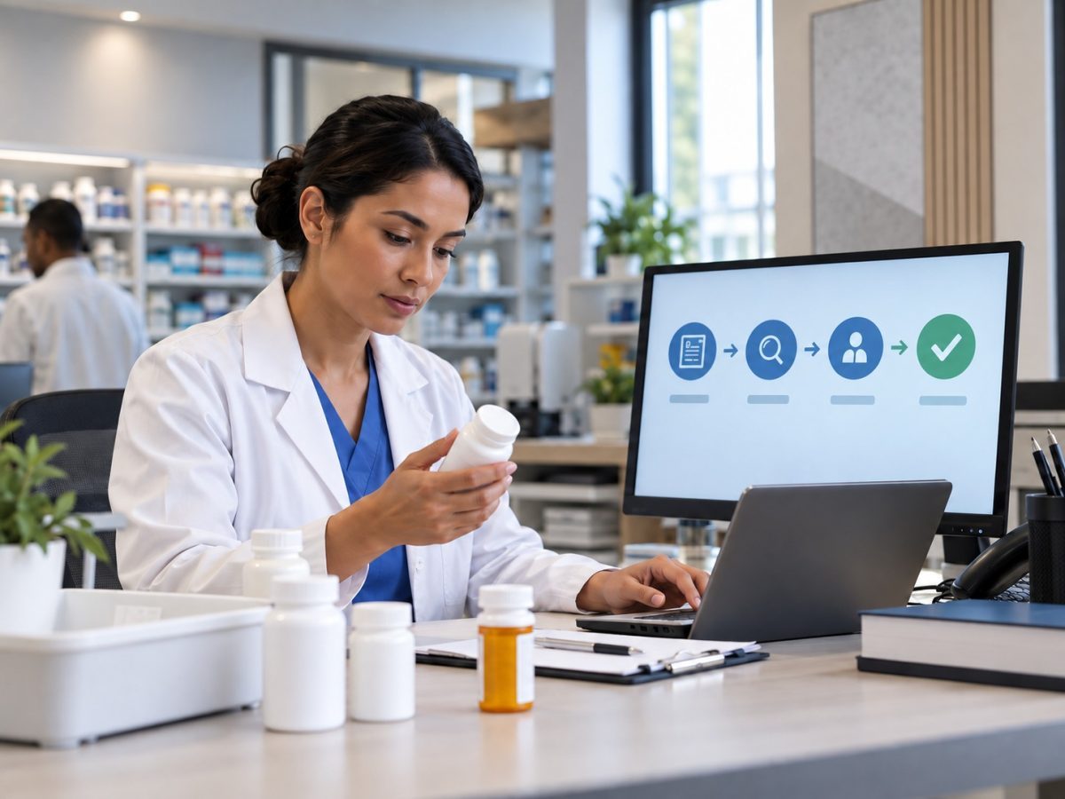Generated editorial illustration of a pharmacist reviewing medicine in a controlled digital workflow, representing Rightway funding.