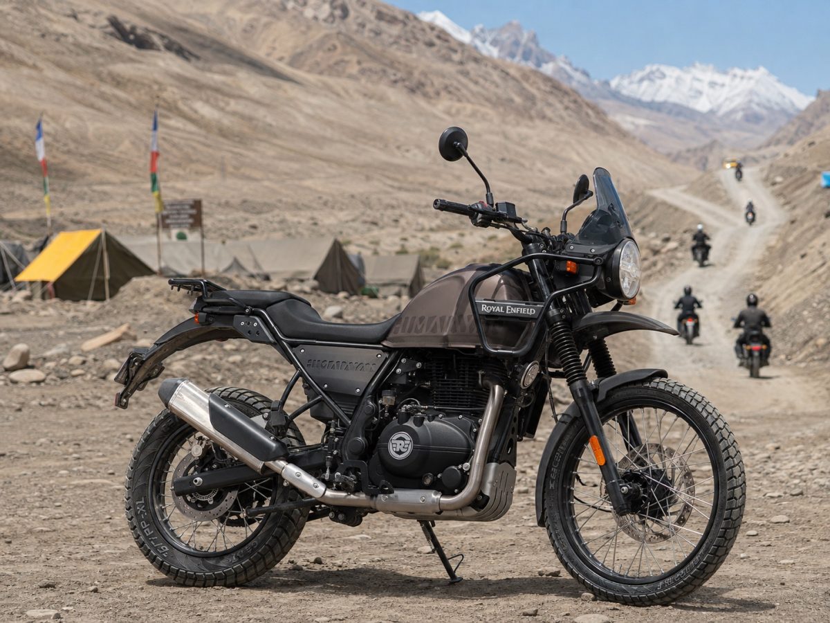 Royal Enfield Himalayan 440 motorcycle at a Ladakh mountain basecamp
