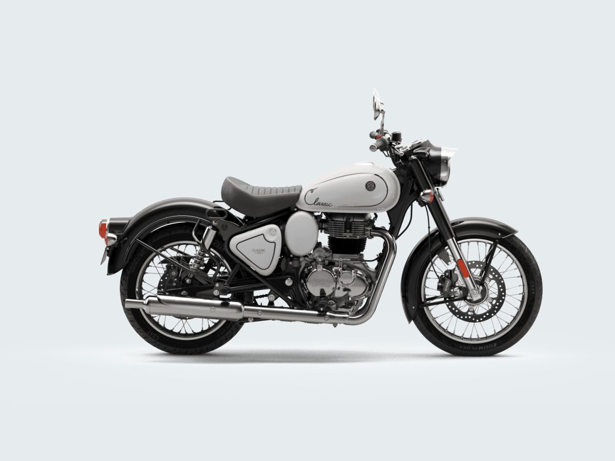 Royal Enfield Signature White Classic 350 in the exact official product image on a neutral editorial background