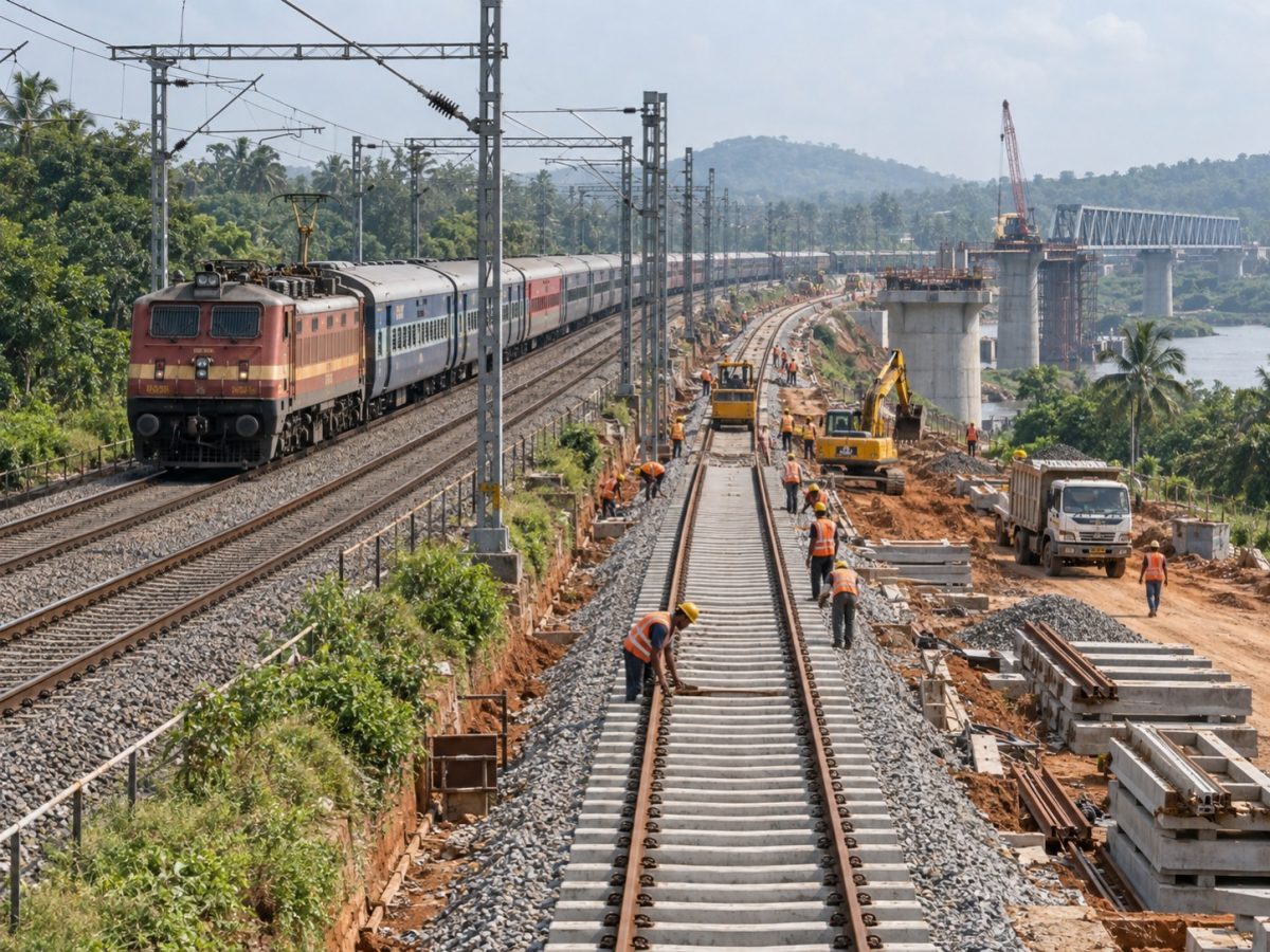 RVNL East Coast Railway third-line construction shown as an editorial illustration beside an operating electrified corridor
