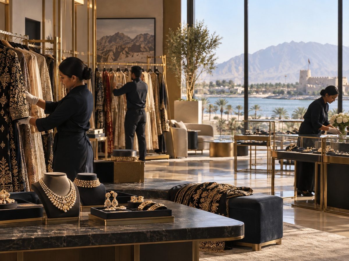 Sabyasachi UAE subsidiary editorial illustration showing a luxury apparel and jewellery retail space being prepared in Ras Al Khaimah.