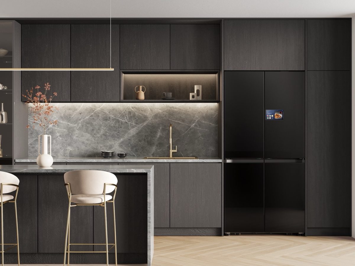 Samsung Tizen 10 update context shown by an exact official Family Hub refrigerator in a connected kitchen.