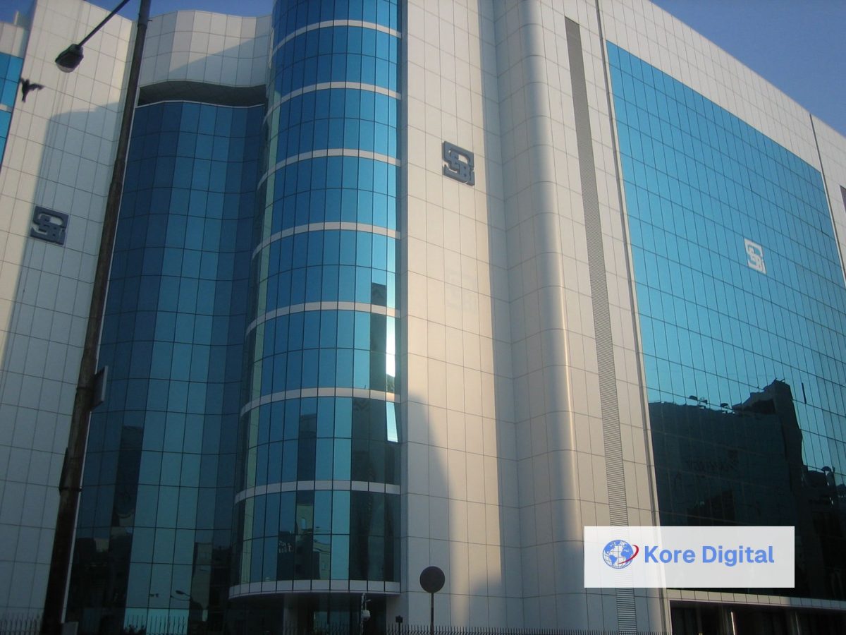 SEBI Bhavan and the exact Kore Digital identity mark in an editorial composite about the interim order.
