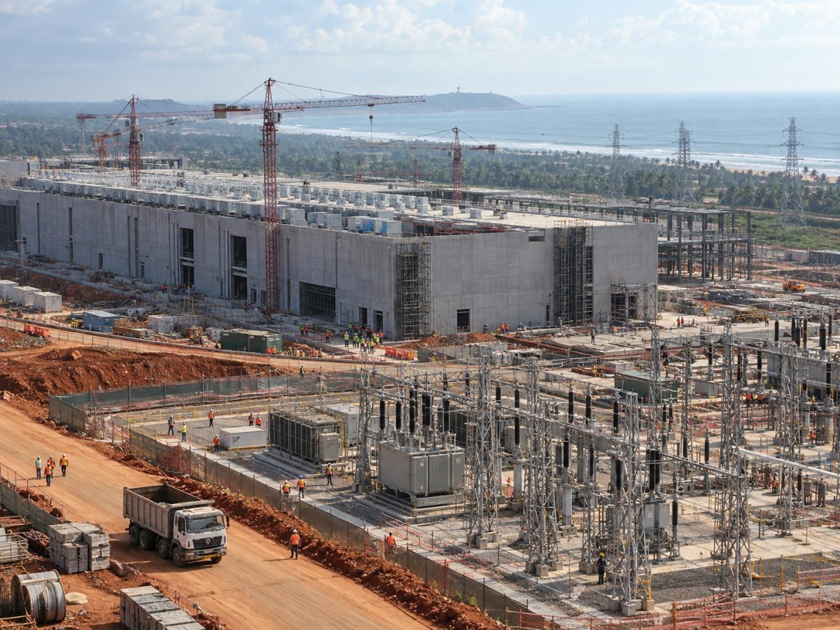 Generated editorial illustration of a coastal Odisha data-centre campus under construction with electrical infrastructure, representing SentraForge Odisha approval.
